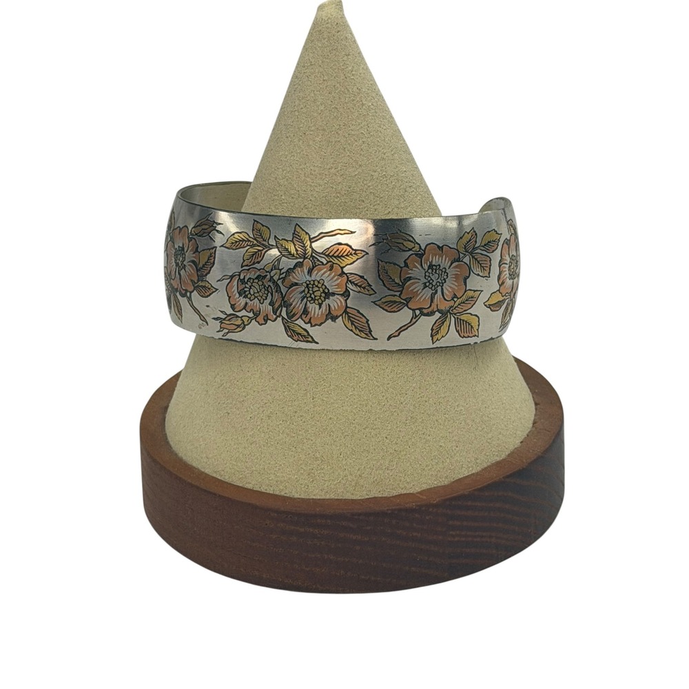 Reed & Barton Damascene Floral Cuff Bracelet Vintage Silver Gold Copper Tone